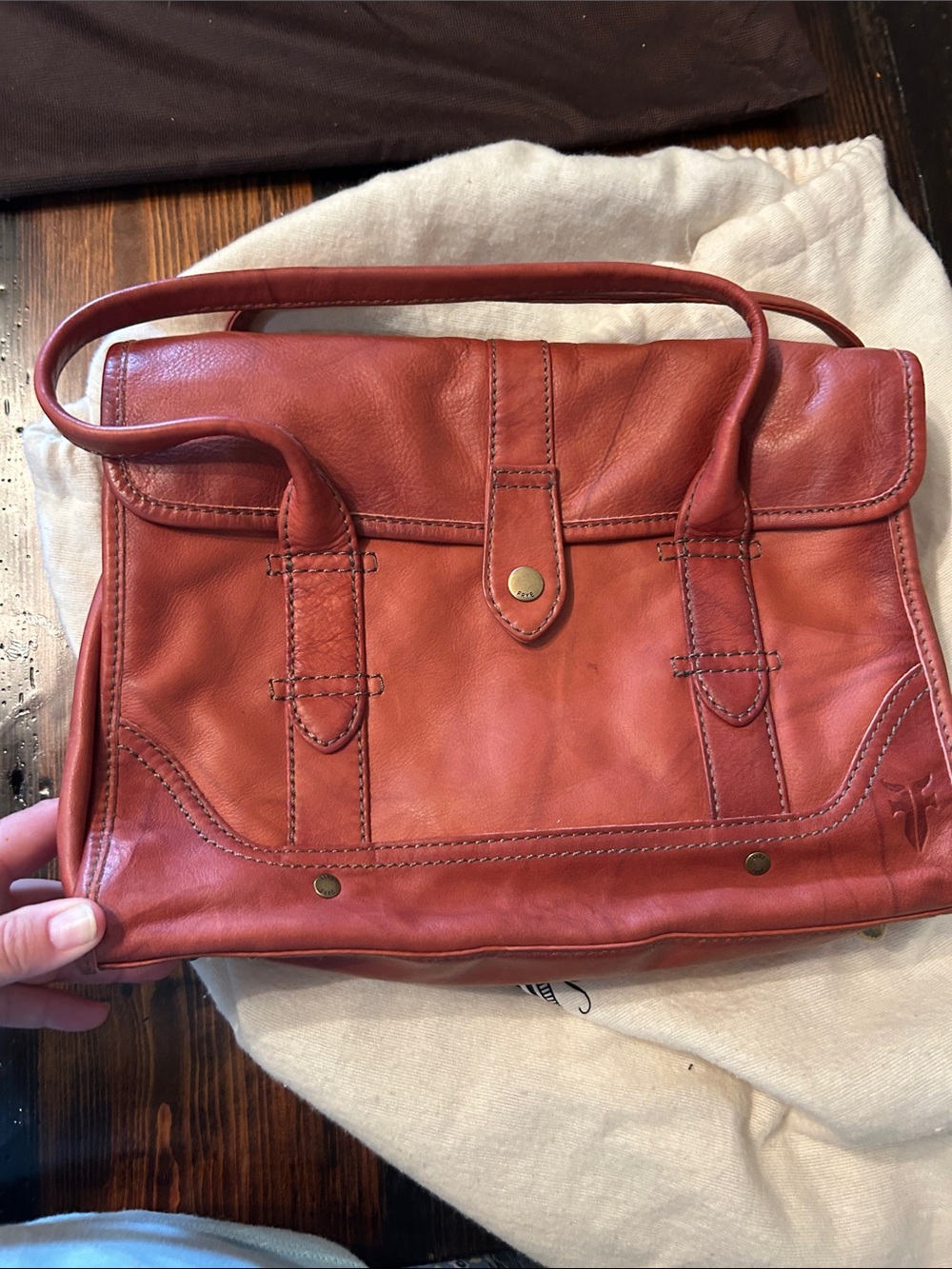 FRYE Leather Campus Double Handed Shoulder Bag in Burnt Red